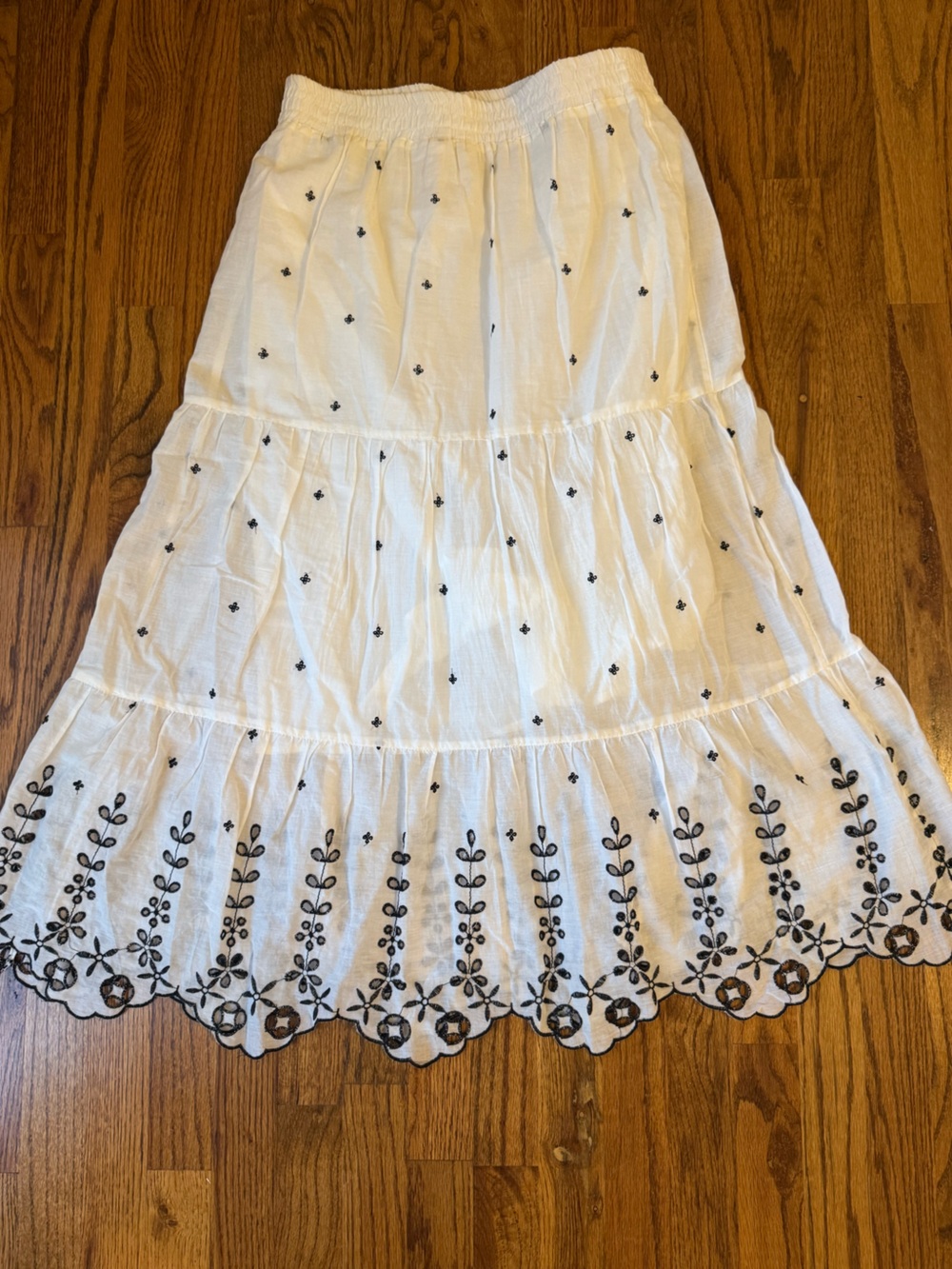 Chelsea & Theodore White Tiered Skirt with Black Embroidered Hem